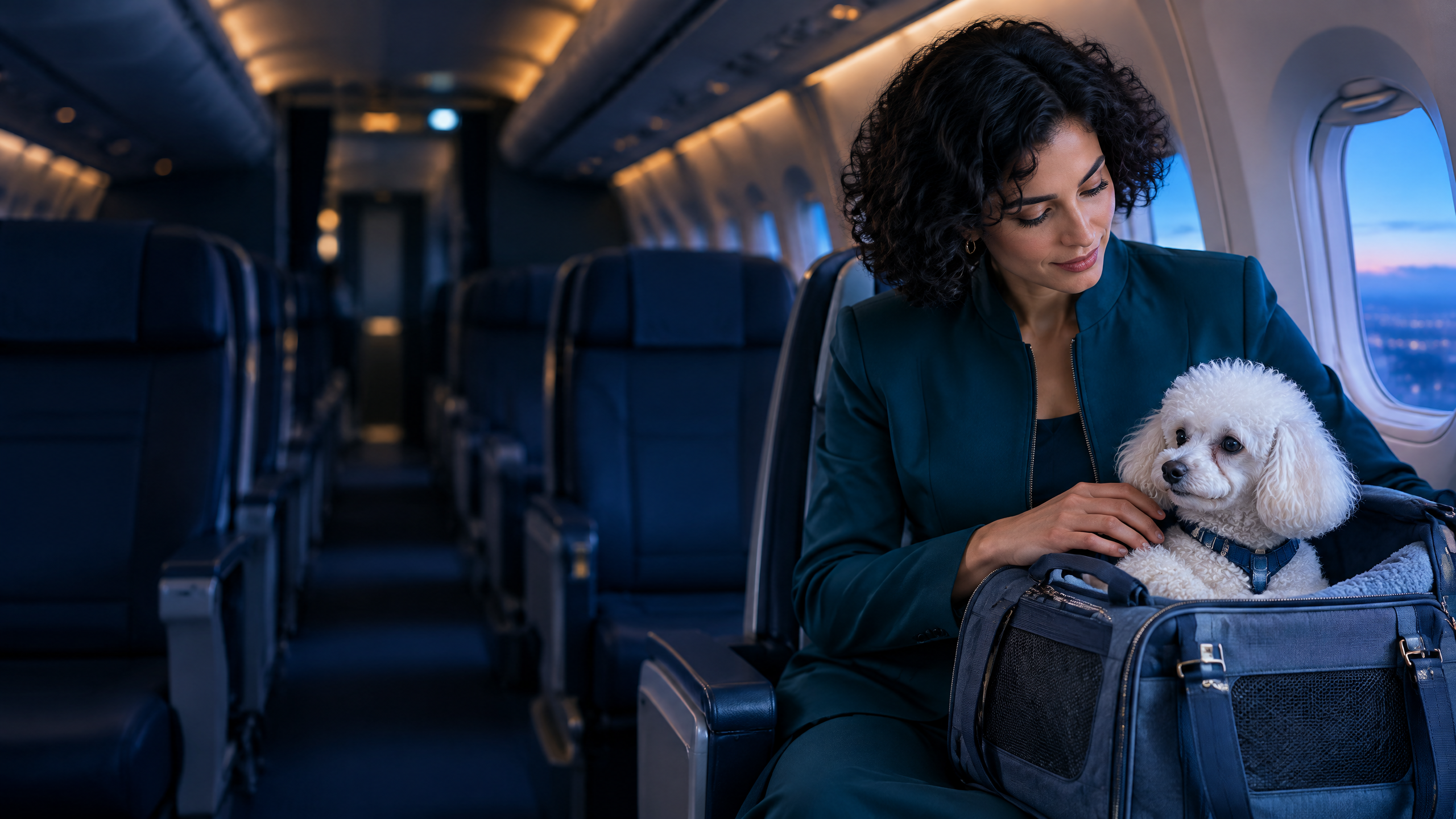 A female Pet Buddy escort in teal checking on a small white Toy Poodle in a slate-blue travel carrier inside an aircraft cabin.